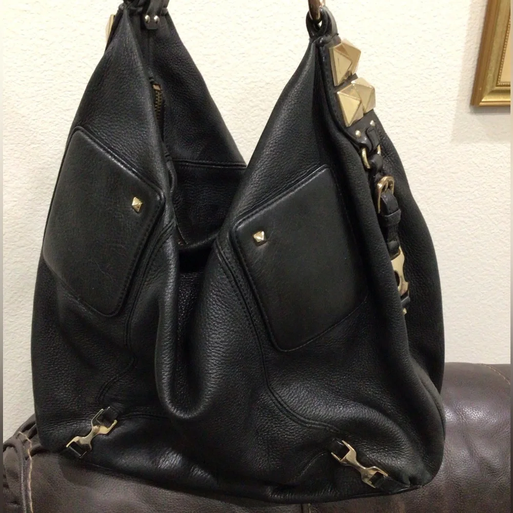 Ann Taylor Black Leather Studded Large Hobo Shoulder Bag